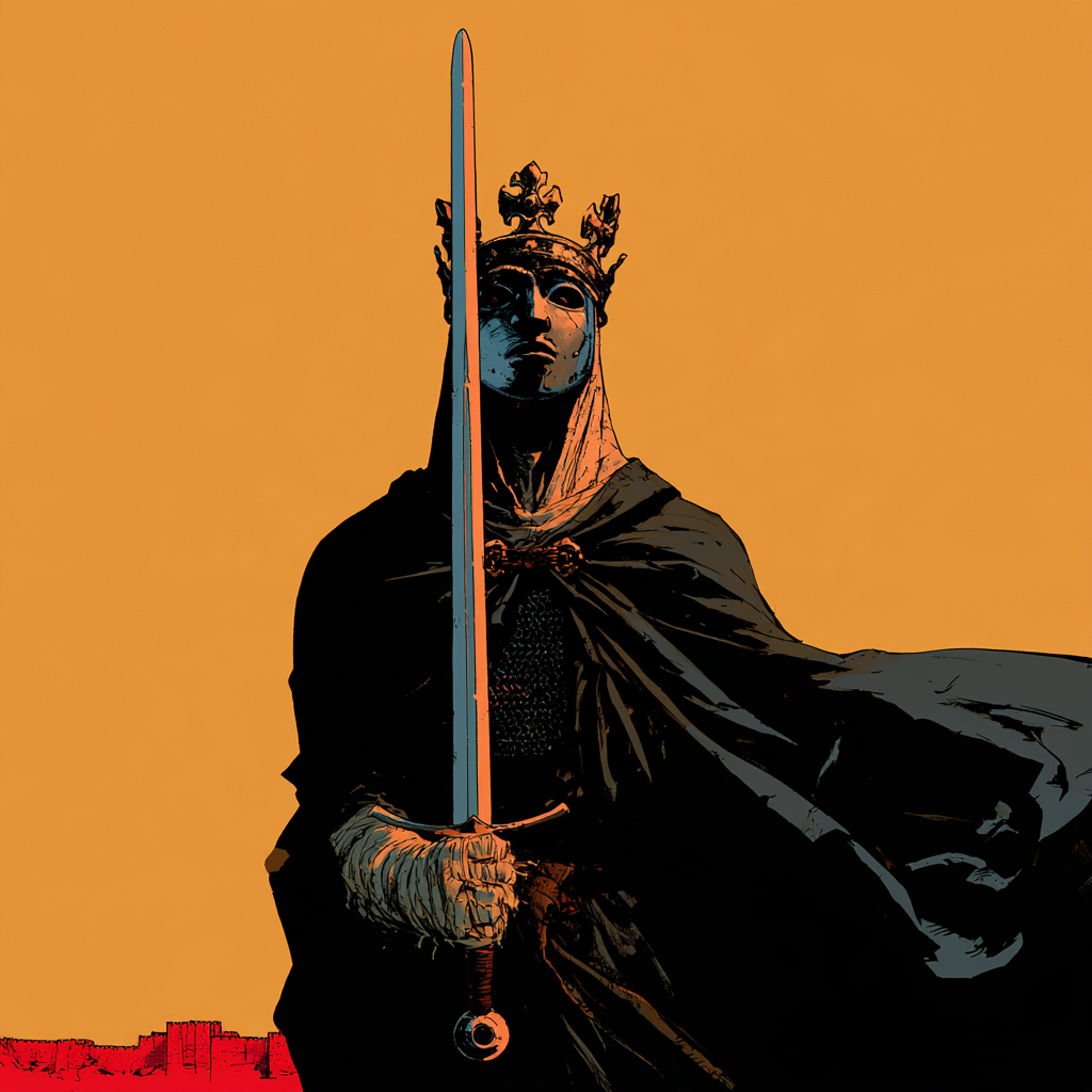 Baldwin IV with a silver mask, crown and upright sword against an orange sky