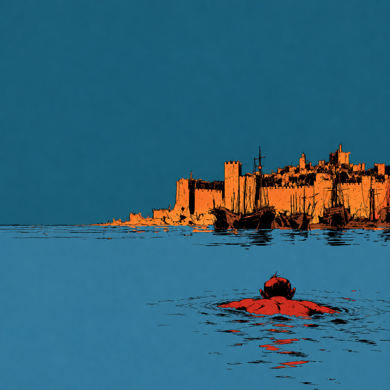 A swimmer seen from behind approaching the walled port of Acre, with ships near the distant walls.